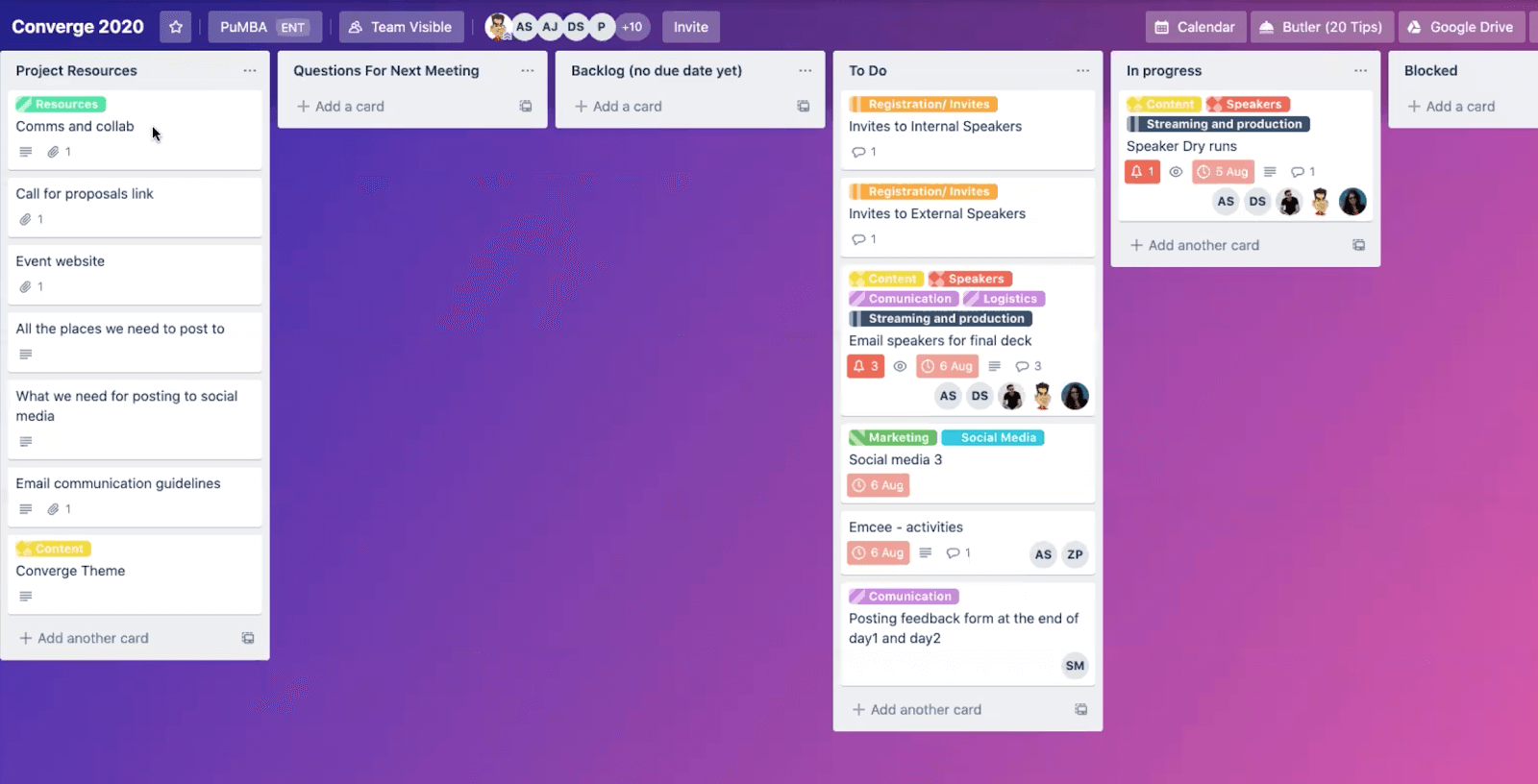 Tablero de Trello de gestión de eventos de ThoughtWorks